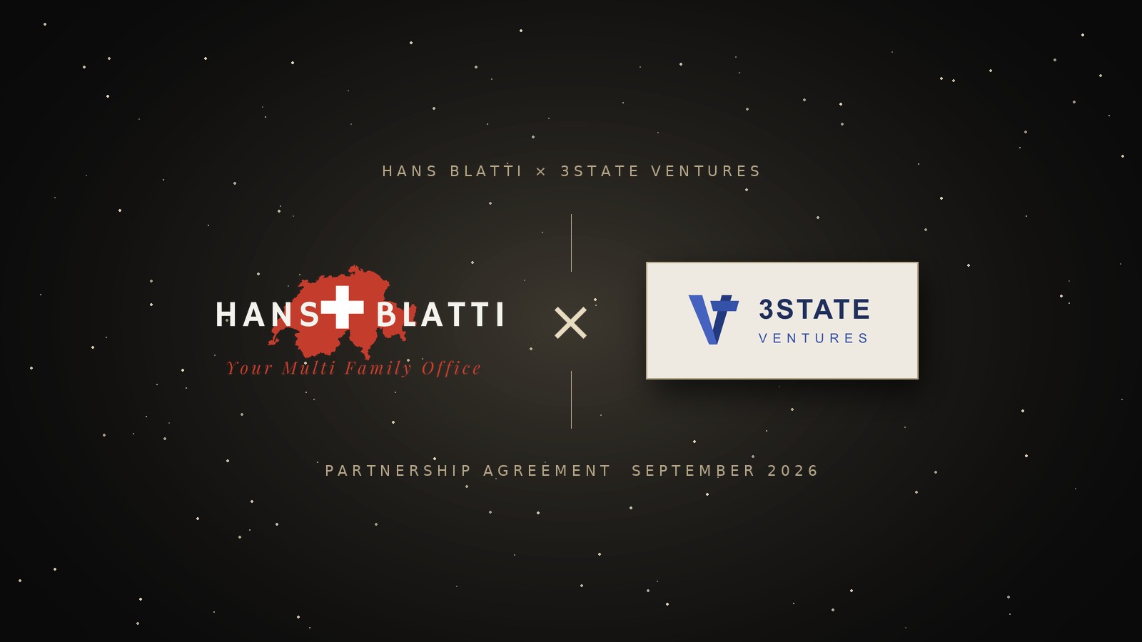 Logo Hans Blatti e logo 3STATE Ventures affiancati, accordo di partnership, settembre 2026